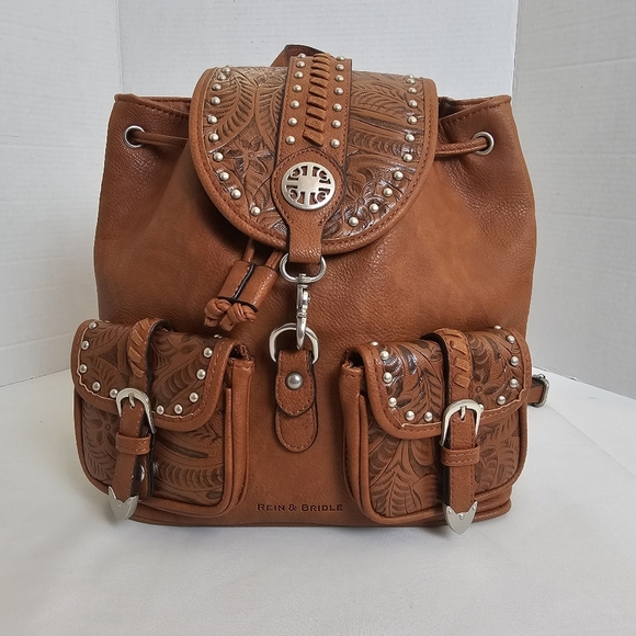 Rein & Bridle Tooled Vegan Leather Backpack Brown Western Boho Studded - Picture 7 of 13